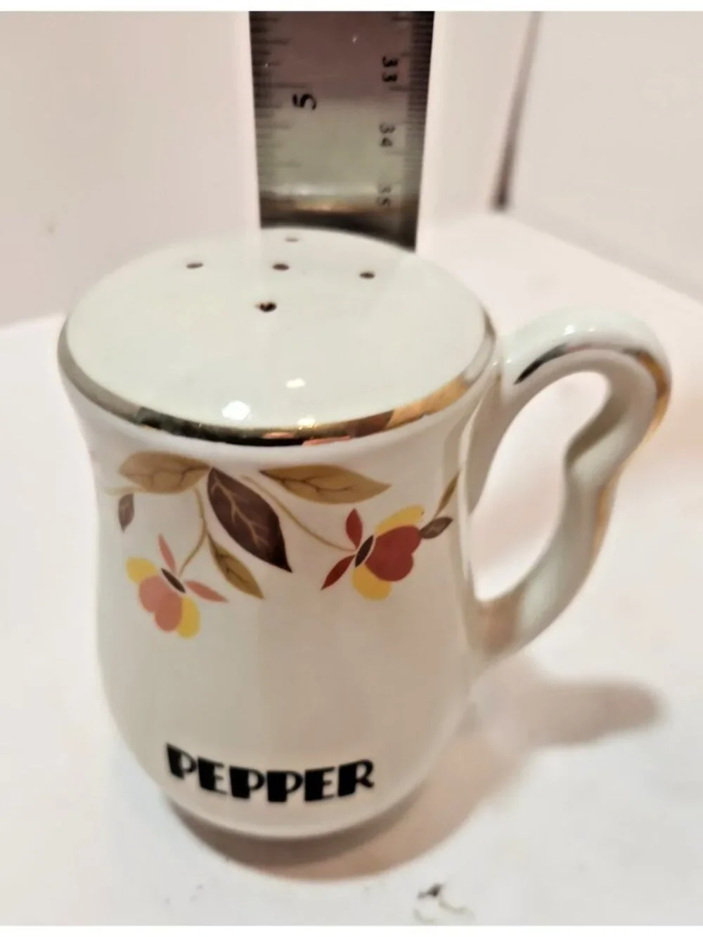 Vtg Hall Autumn Leaf Left Right Handled Salt & Pepper Range Set Mary Dunbar